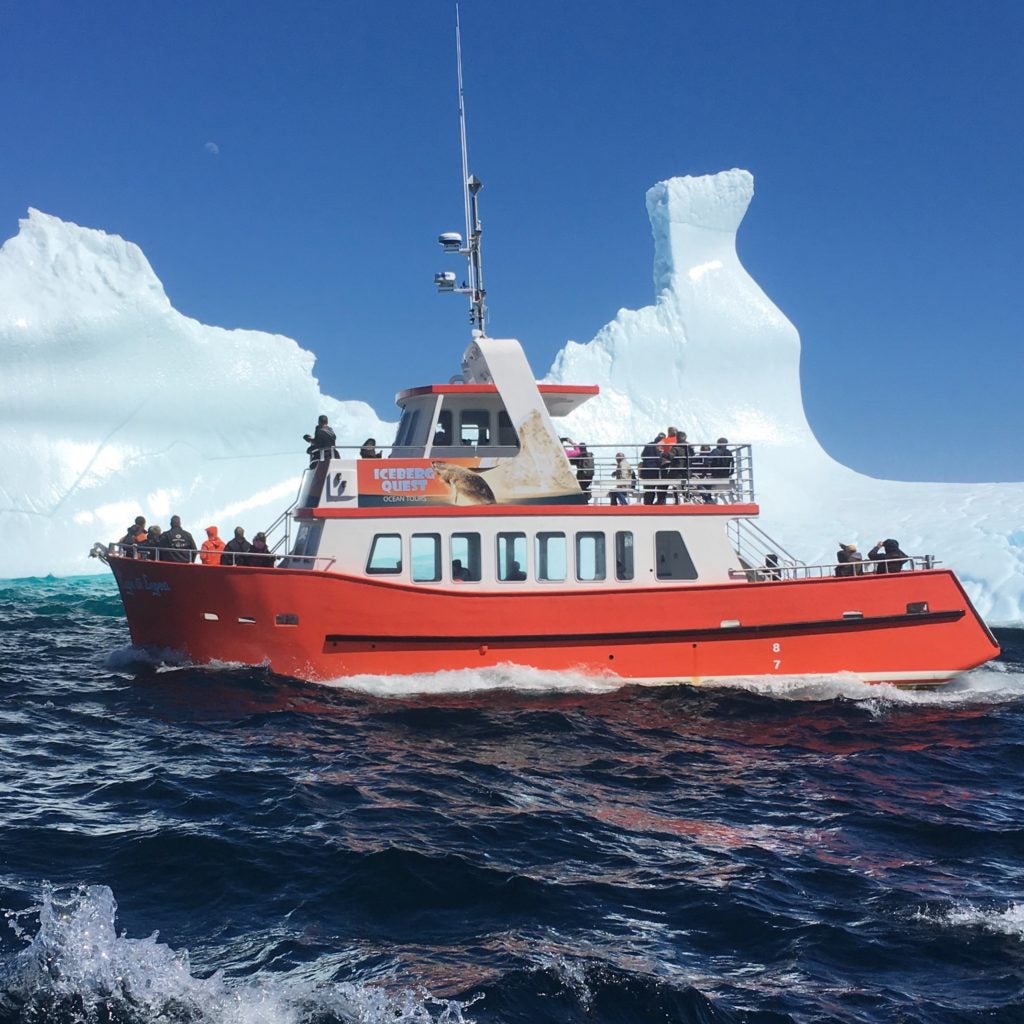 A tour boat passes an iceberg from Greenland that has made its way to the Atlantic coast of Canada 