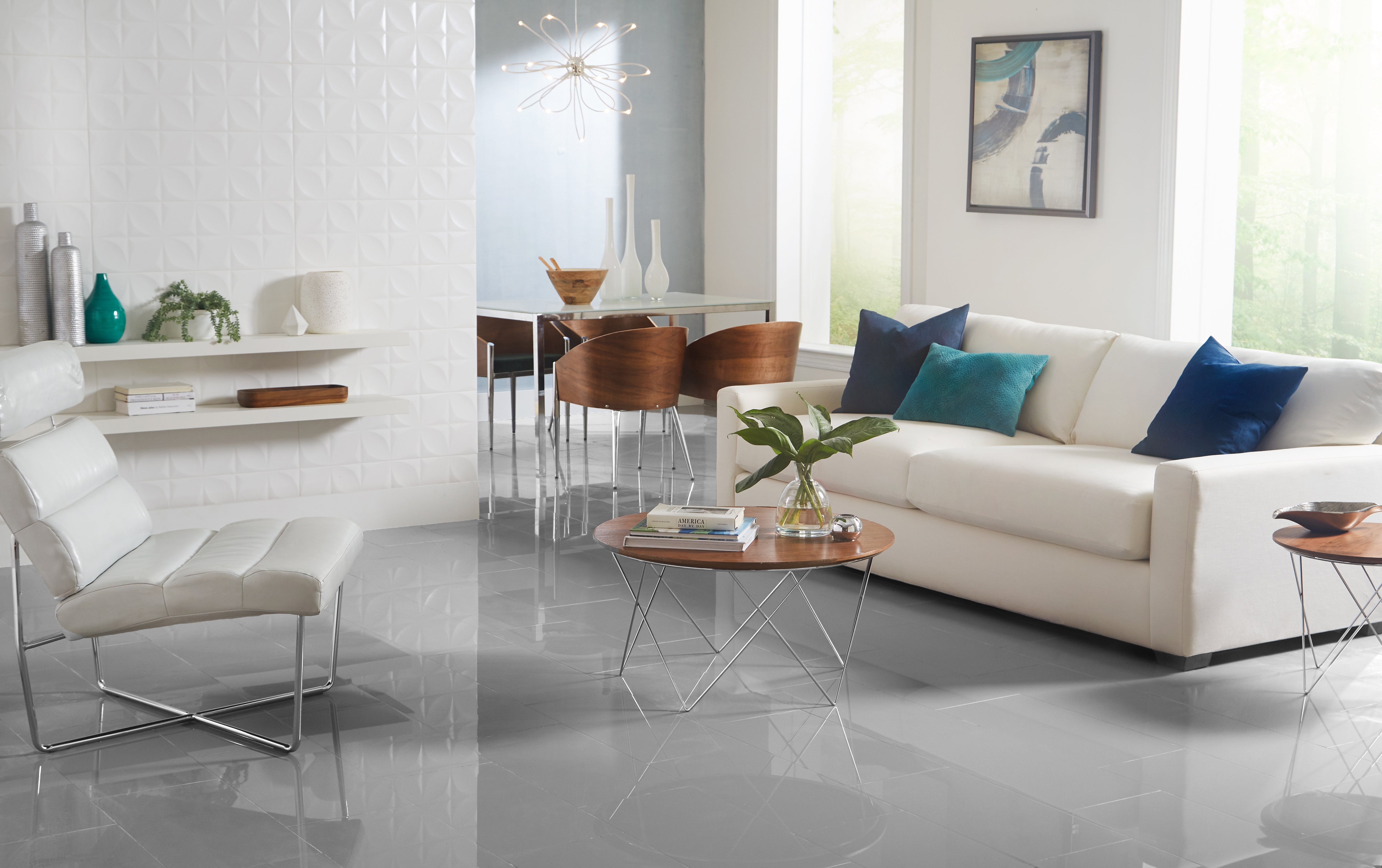 Contemporary living room with gray porcelain tile and white ceramic wall tile