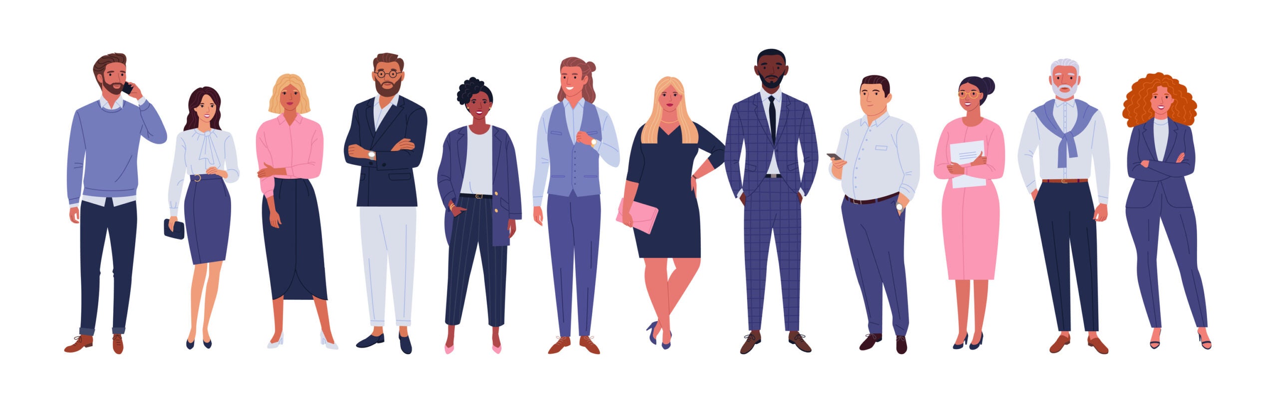 Vector illustration of diverse cartoon men and women of various races, ages and body type in office outfits. Isolated on white.
