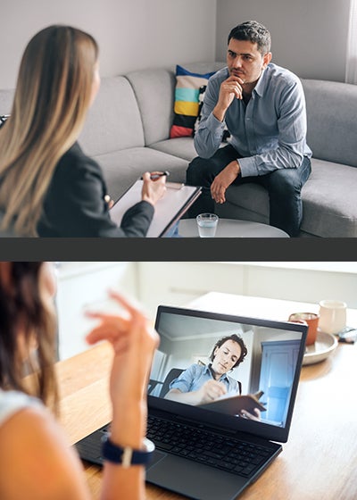 Diptych displaying virtual and in person options for addiction psychotherapy 