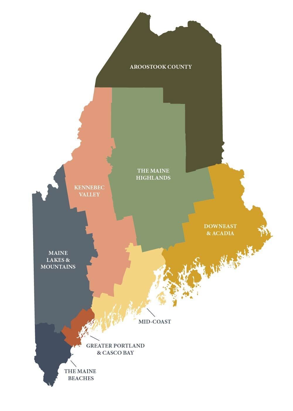 Map of all 8 regions of Maine rendered in earthy tones: pine green, light greyish green, mustard yellow, coral pink, light yellow, terracotta red, charcoal grey and black.