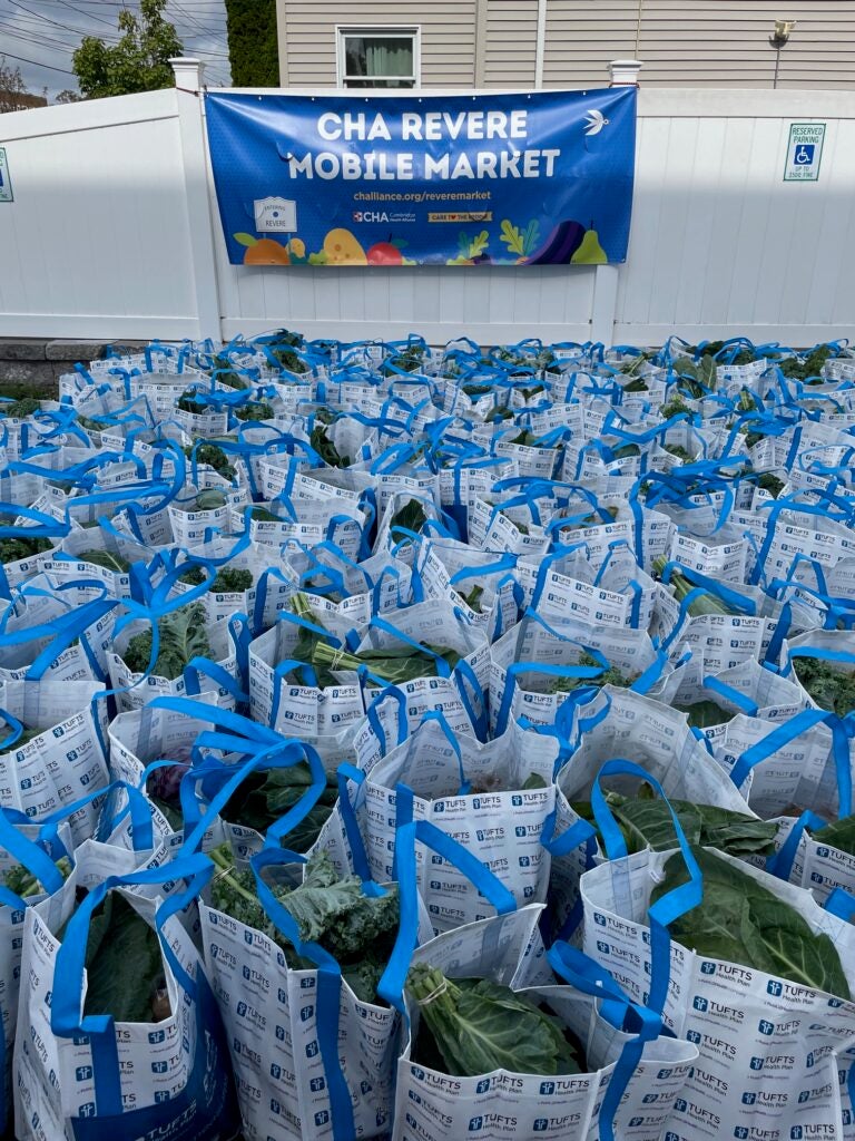 A group of bags full of fresh fruits and vegetables sitting below a sign reading "CHA Mobile Revere Market." The sign is attached to a white fence in front of a beige building. 