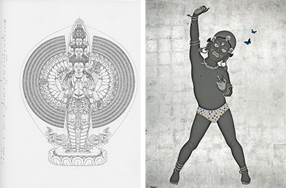 The left image features a thousand-armed avalokiteshvara, while the right image features a dark figure posing.