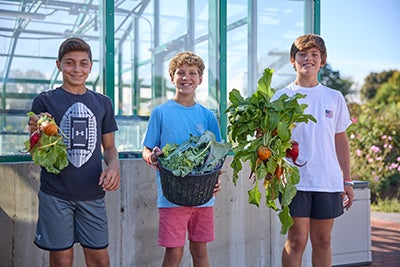 Three boys holding freshly harvested produce.