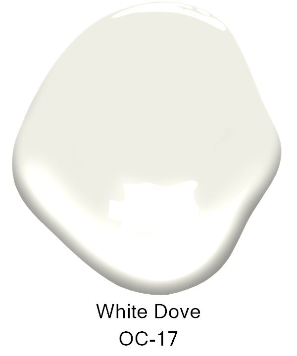 Ten dabs of paint are aligned in a two by five formation forming a rectangle. The first color, here is White Dove, a slightly cream-colored white.