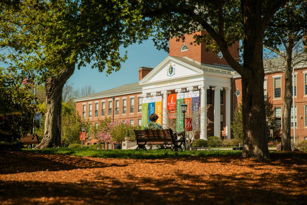Building with banners displaying university events